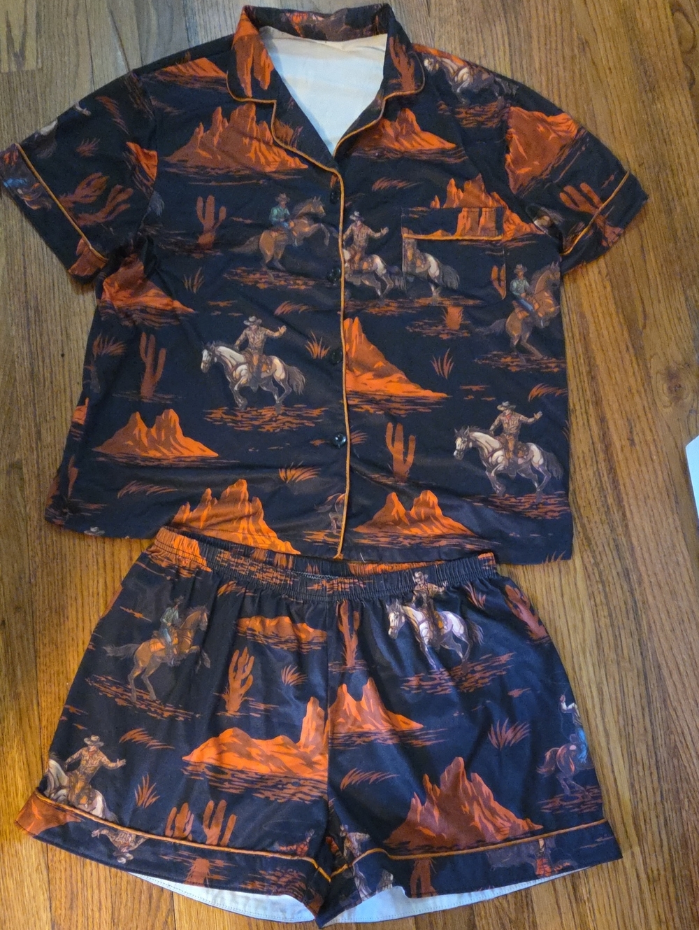 Women's Two-Piece Cowboy Print Pajama Set - Black & Orange Size XL